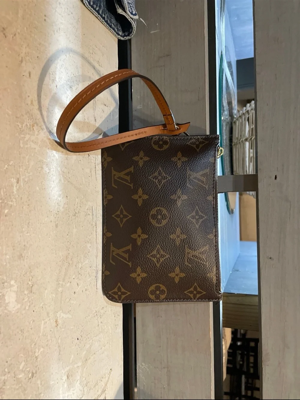 Louis Vuitton Brown Monogram Canvas Wristlet with Tan Strap